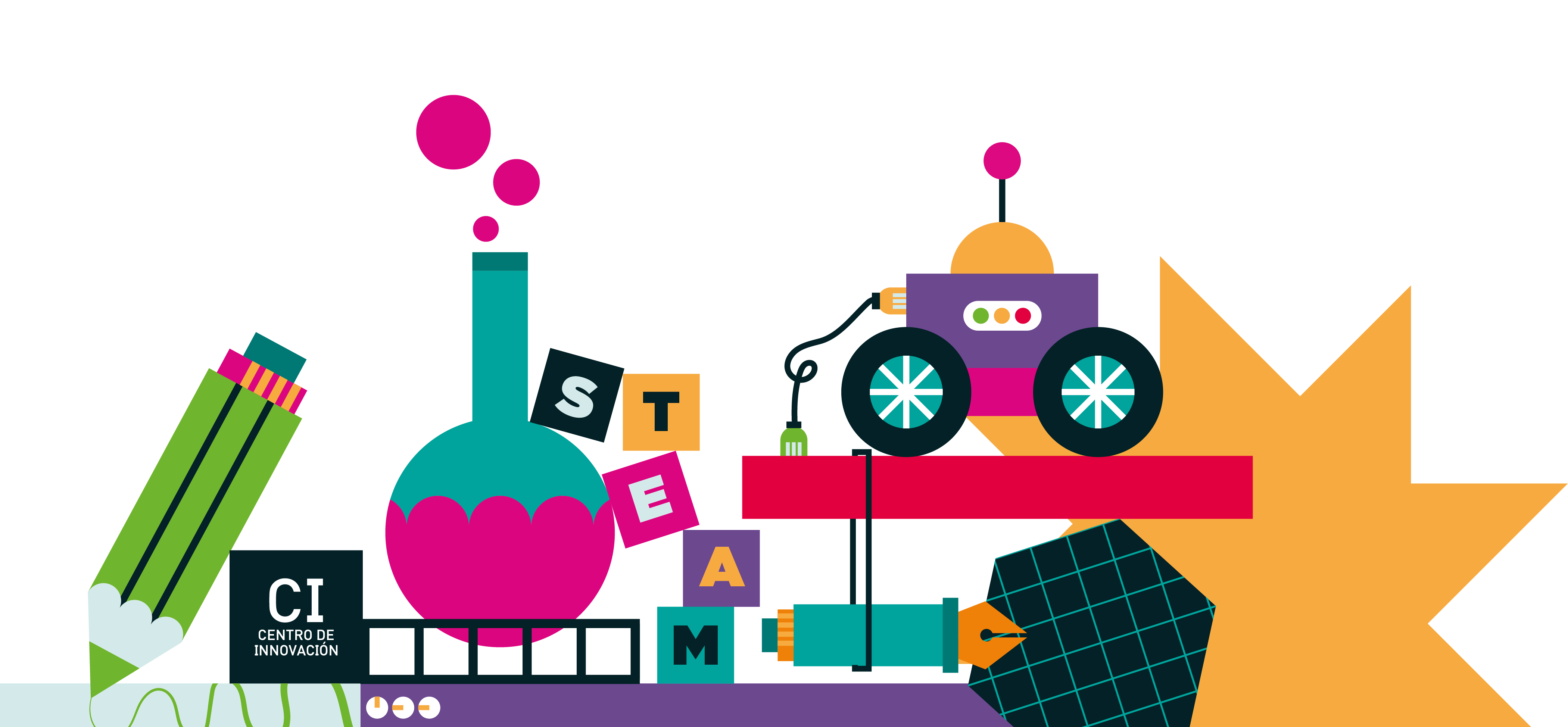 Centro de Innovación - Ilustración STEAM con robot, tubos de ensayo, lápices