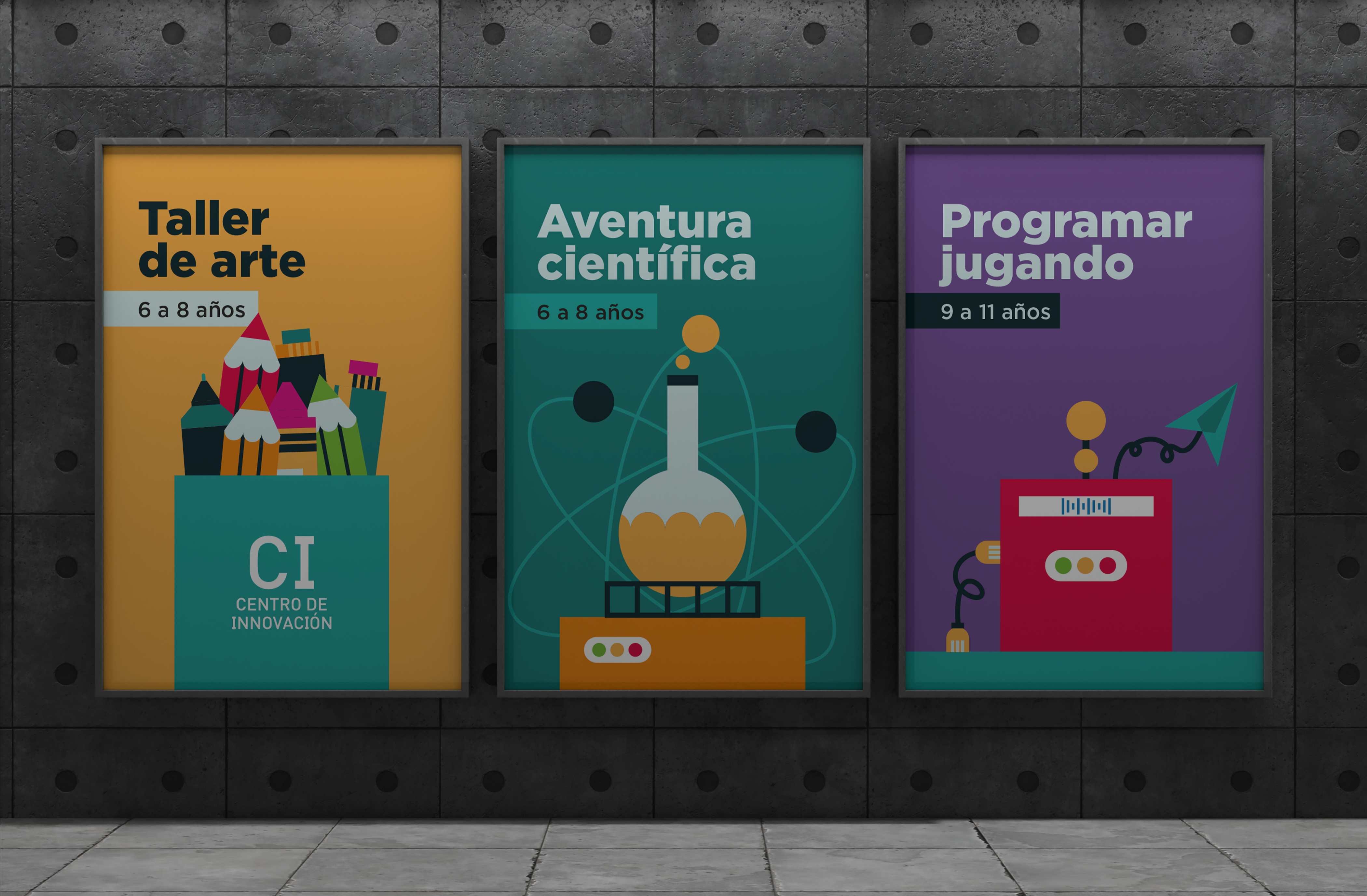 Centro de Innovación - Afiches de talleres: Taller de arte, Aventura científica, Programar jugando