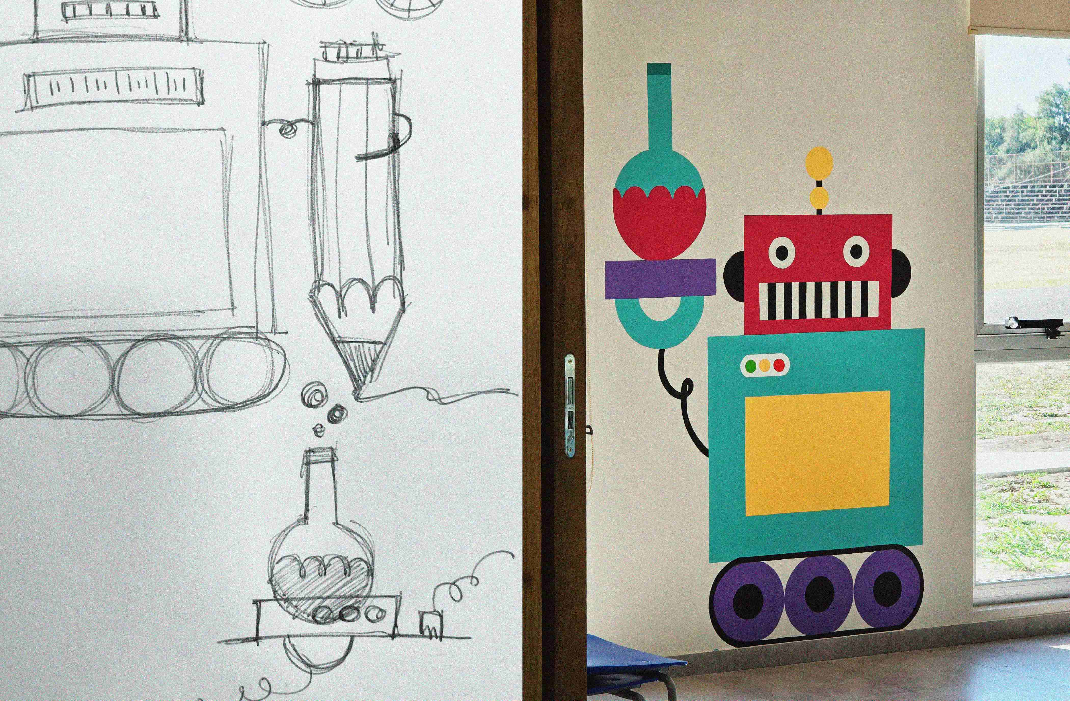 Centro de Innovación - Bocetos y robot pintado en pared