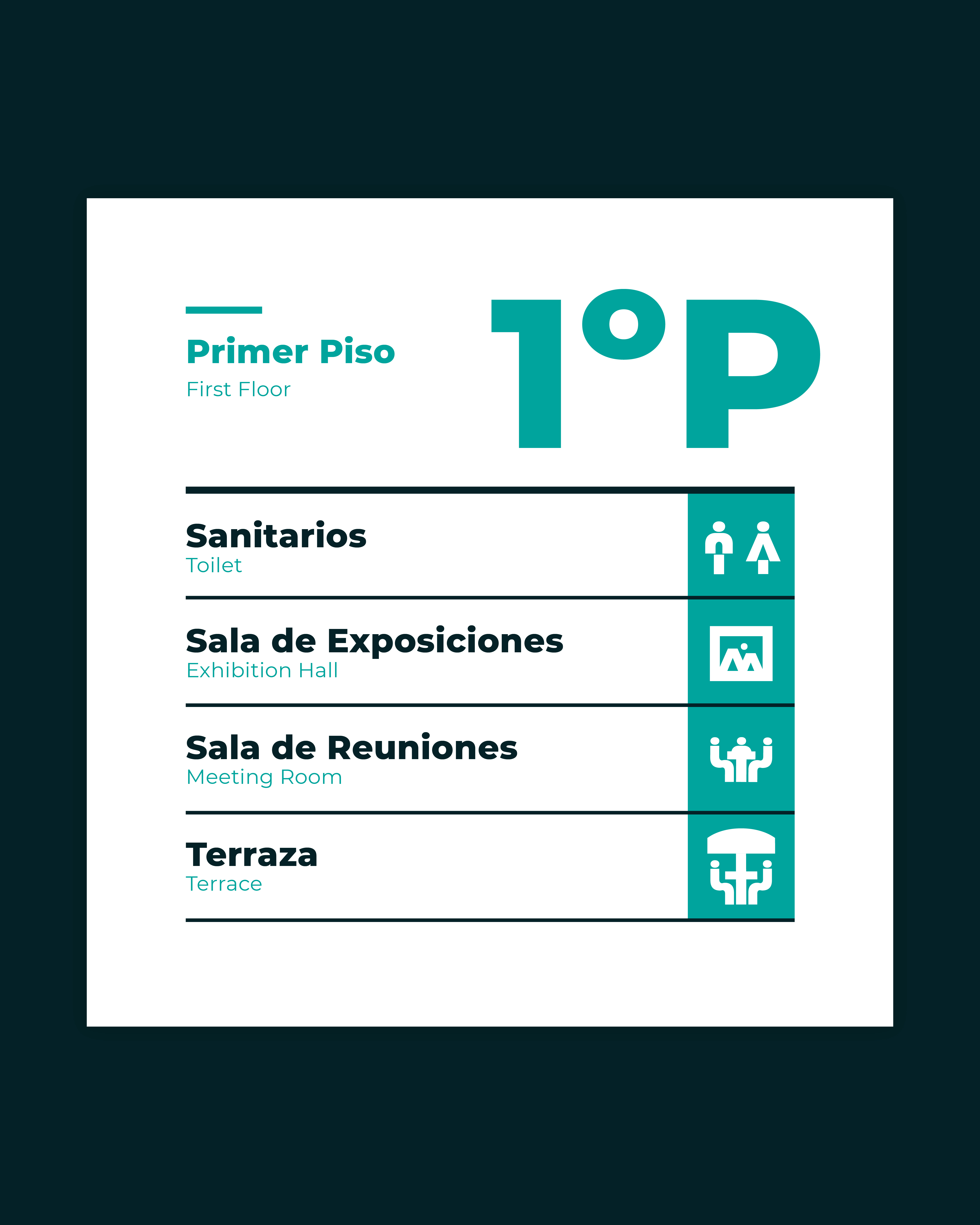 Directorio de Primer Piso - Sanitarios, Sala de Exposiciones, Sala de Reuniones, Terraza